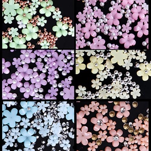 3D Flower Nail Art Charms with Pearls and Rhinestones for Acrylic Nails