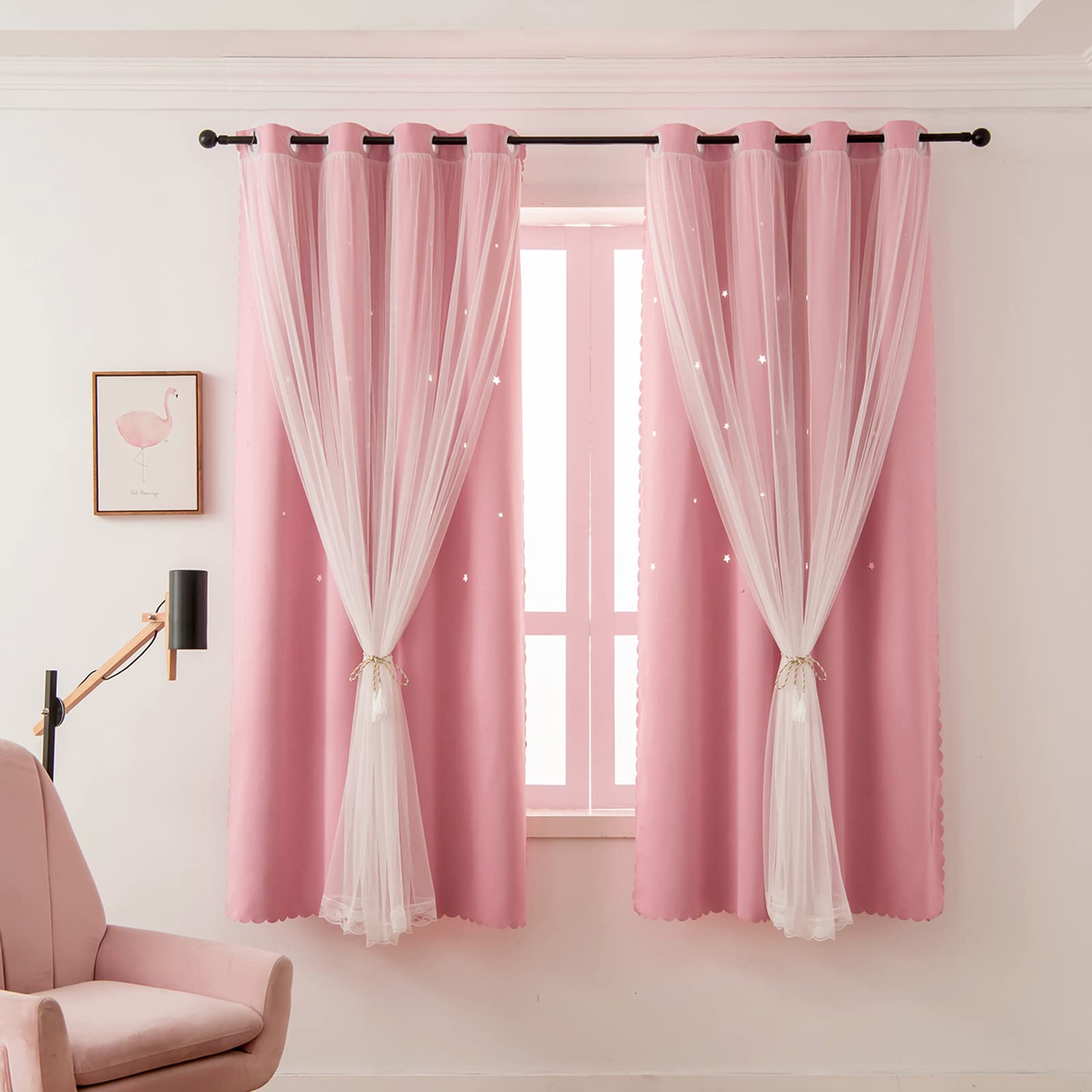 LUGOTAL Pink Curtains for Girls Bedroom Kids Baby Room Decor Cute Double Layer Star Cutout Curtains Room Darkening Window Curtain for Nursery (Pink, 42W x 84L,2 Panels)