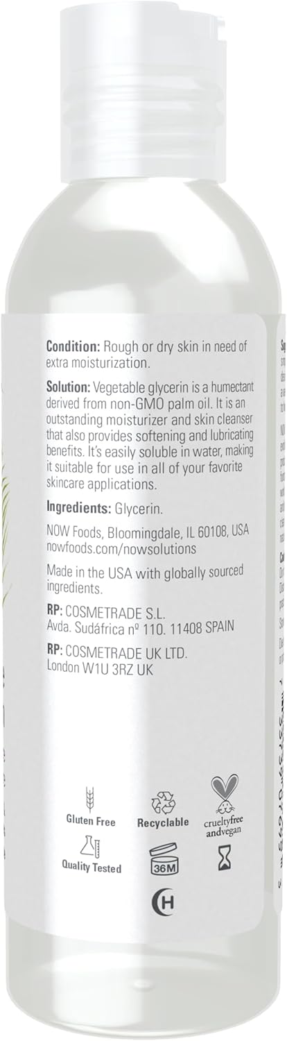 NOW Solutions Vegetable Glycerin - 100% Pure Skin Care Moisturizer | Softening & Hydrating, 4-Ounce