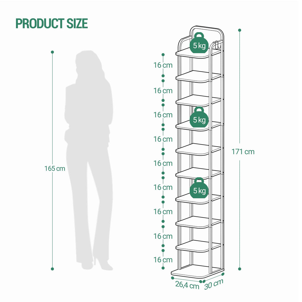 Hzuaneri 10 Tiers Vertical Shoe Rack, Narrow Shoe Tower, Tall Shoes Shelf with 2 Hooks, Adjustable Shelves, Corner Shoes Shelves for Small Spaces, Entryway, Living Room, White SR11213W