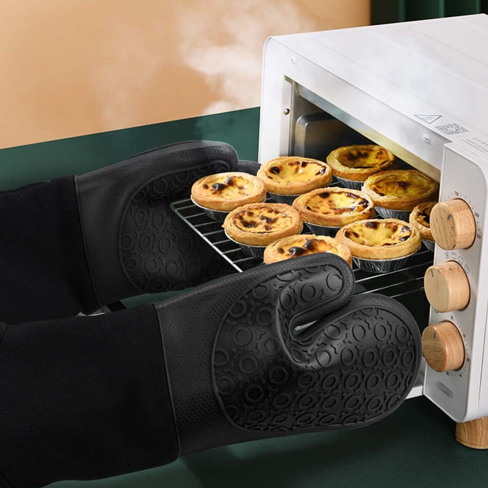 Sungwoo Extra Long Silicone Oven Mitts - Heat Resistant, Non-Slip Grip for BBQ & Baking | 14.6 Inch Black