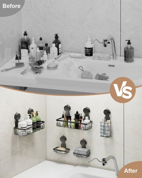 JOTPE Suction Cup Shower Shelf, 5 Pack Powerful Suction Cup Caddy with Hooks & Soap Holder, Drill-Free Wall Mounted Suction Basket, Large Capacity Removable Bathroom Storage, Hanging Up to 40lb/18KG