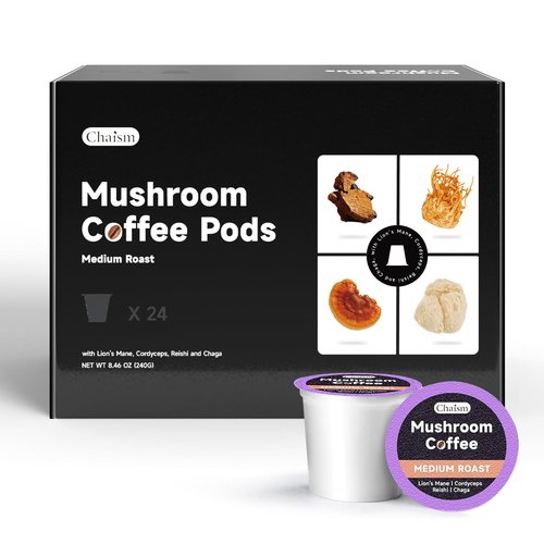 Chaism Mushroom Coffee Pods - Arabic Coffee with Lions Mane, Cordyceps, Reishi, Chaga for Focus & Energy Boost, Sugar-Free, Fat-Free (24 Counts, Medium Roast)