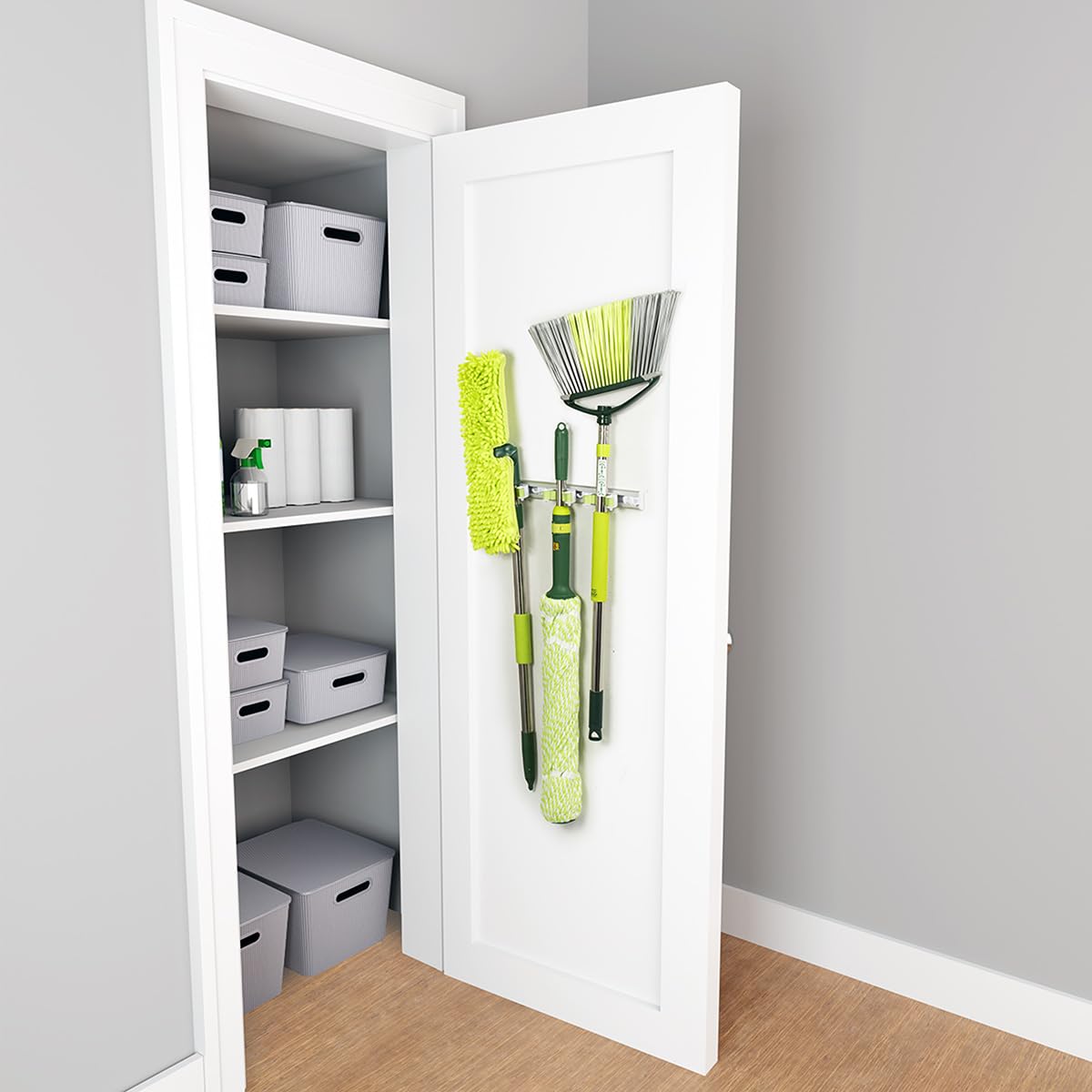 Pine-Sol Mop and Broom Holder - Hanging Wall Mount Storage Rack with 3 Slots and 6 Hooks - Adjustable Cleaning Tool Organizer for Garage, Kitchen, and Utility Closet