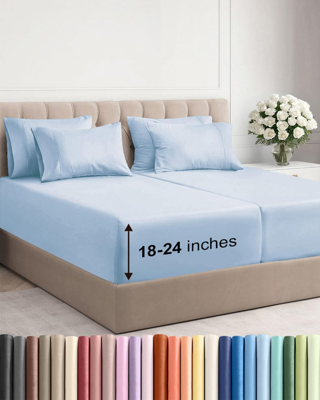 Skiennix Extra Deep Split King Sheet Set - 7 Piece Breathable Cooling Bedding - Soft Wrinkle-Free Sky Blue