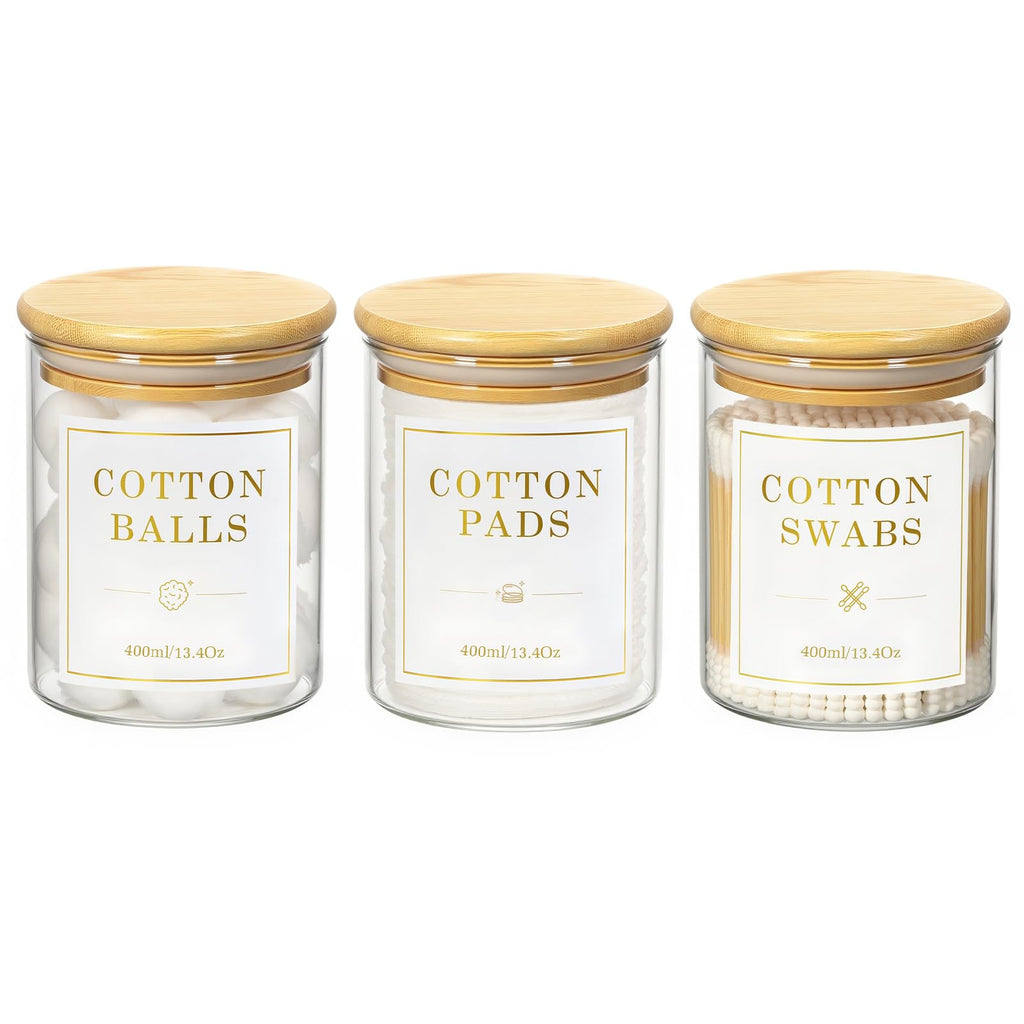 Luxspire 3 Pack Glass Qtip Holder Dispenser, 13.4 oz Cotton Swab Holder with Bamboo Lids, Glass Apothecary Jars Bathroom Accessories Canisters for Cotton Swabs, Balls, Pads, Floss Picks