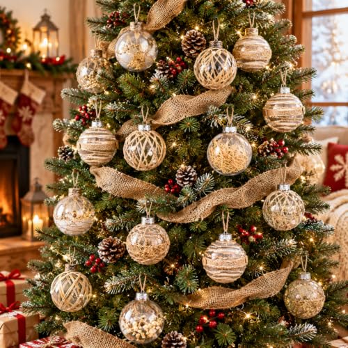 Farmhouse Christmas Ornaments Set with Burlap & Ribbons, 28 Pieces
