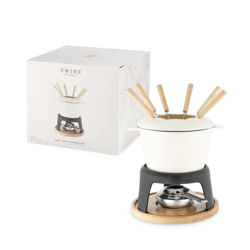 Twine Cast Iron Fondue Set with Metal Stand and Forks, Chocolate Melting Pot, Cheese Fondue Kit Set, Hosting Essentials 8.5", Off-Cream