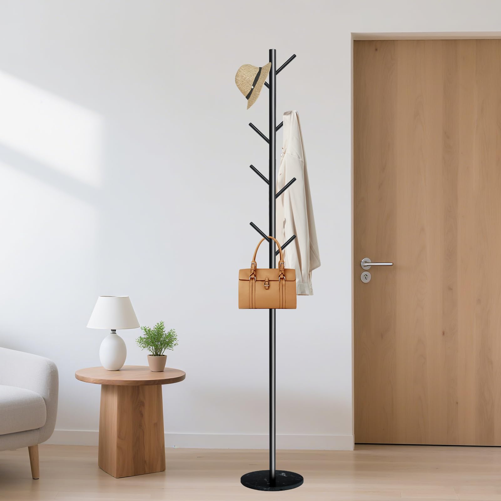 Acteomsly Coat Rack with Natural Marble Base, Metal Freestanding Coat Rack with 8 Hooks, Heavy Duty Coat Hanger Stand for Entryway, Office, Bedroom,Dorm for Coats, Hats, Handbags and Scarves(Black)