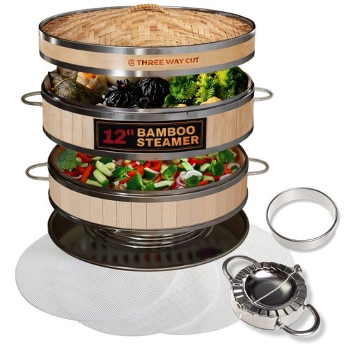 2-tier 12" Bamboo Steamer with Reinforcement & Handle, Reusable Silicone Liner & Accessories Kit For Cooking Dumpling, Baby Bao Bun, Dim Sum, Rice Potsticker Steaming Chinese Asian Food & Vegetables