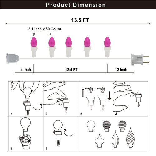 Solduce Pink Mini String Lights-50 Count 13 Feet Detachable LED Glass C3 Bulb Waterproof Fairy Lights Plug in for Indoor Outdoor Party Patio Xmas Tree Valentine’s Day White Wire