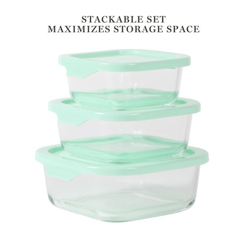 Martha Stewart Hadsell 6 Piece 27 oz, 17.6 oz, 10.8 oz Borosilicate Glass Square Storage Container Set w/PP Pop Martha Blue Lids