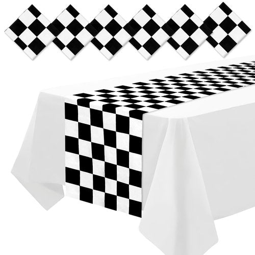 DEMIUKO 6PCS Checkered Table Runner 14 x 108Inch Disposable Plastic Black and White Checkered Table Runner Racing Flag Table Runners for Two Fast Car Theme Birthday Party Baby Shower Decor Supplies