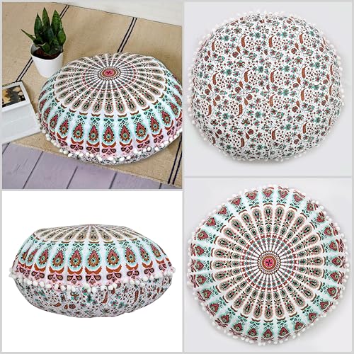 22" Round Mandala Ottoman Cover - Pink-Mustard-Green Floor Cushion