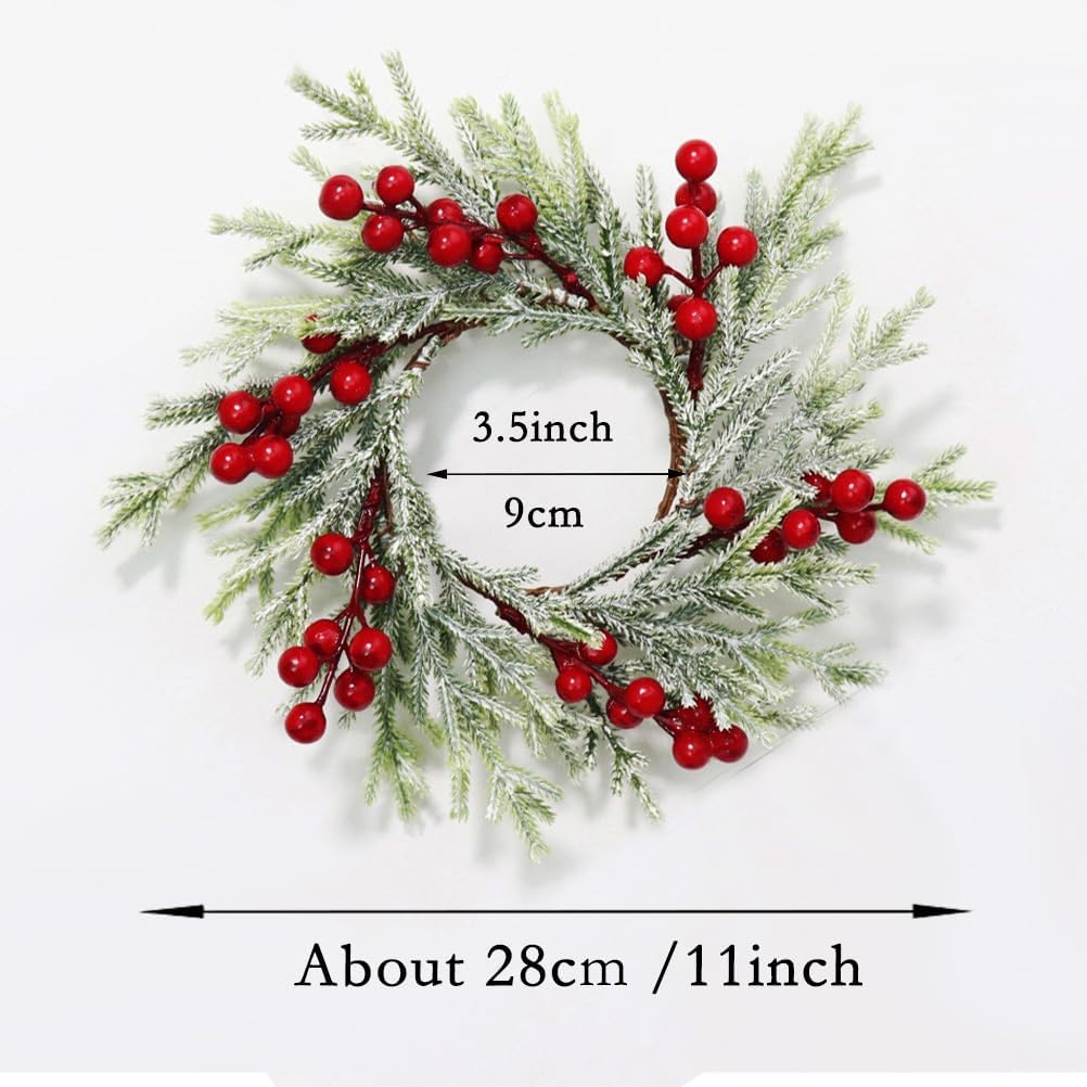 Skiennix 2-Piece Christmas Wreath Candle Rings - Artificial Cedar & Cypress with Red Berries | Holiday Table Decor