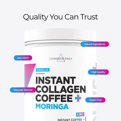 Livingood Daily Instant Collagen Coffee with Moringa, Vanilla - Low Acid, Shade Grown & Made with Organic Coffee - Metabolism, Detox & Energy Boosting - 12 Oz