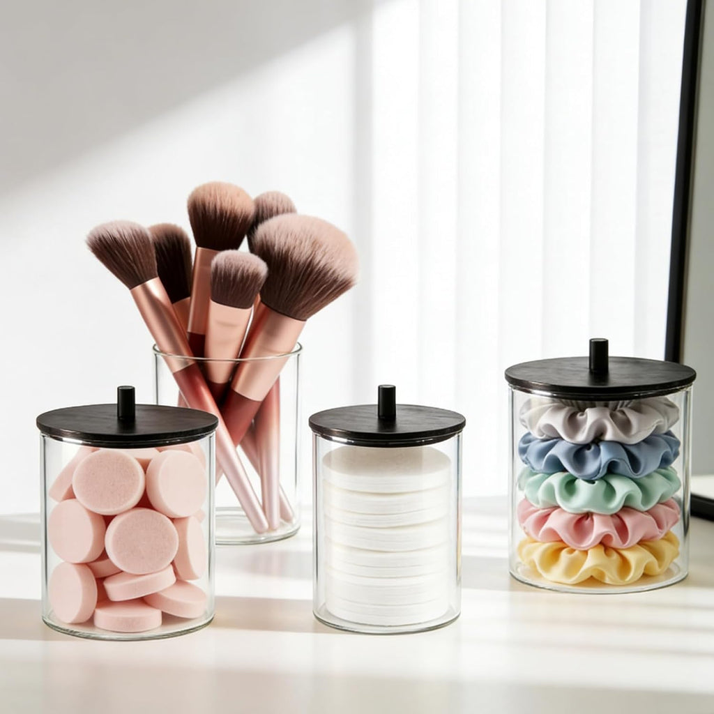 Skiennix Glass Qtip Holder Dispenser Set - 15oz & 10oz Cotton Swab Storage with Black Wooden Lids | Bathroom Organizer (2 Pack)