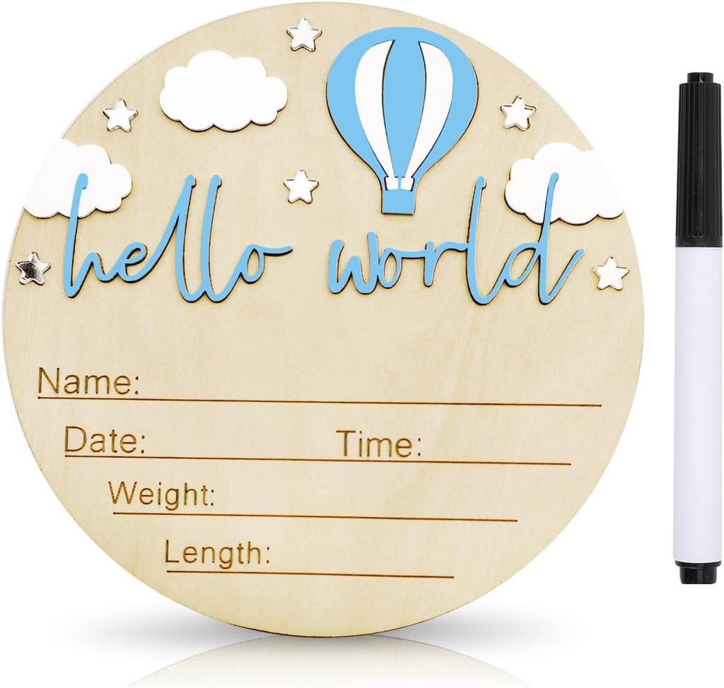 Skiennix Baby Announcement Sign - 5.9 Inch Wooden Hello World Newborn Sign with Pen | Hot Air Balloon & Cloud Design (Blue)