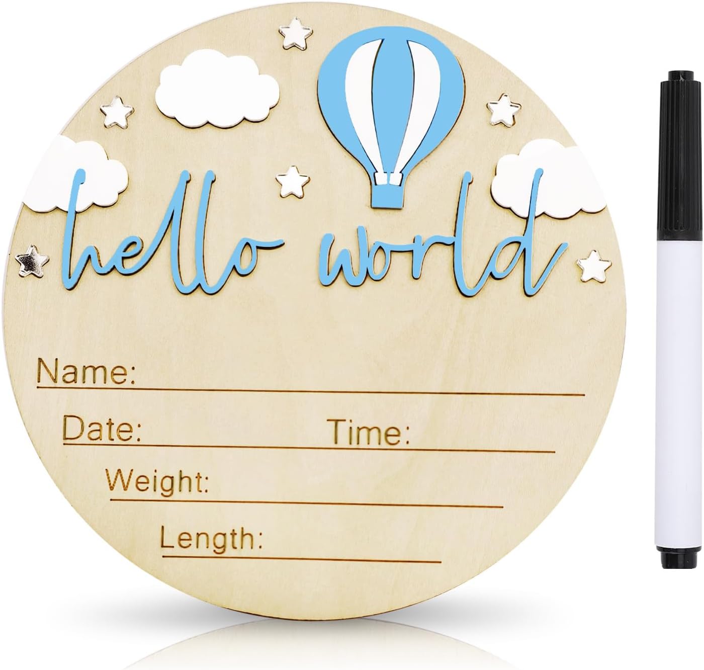 Skiennix Baby Announcement Sign - 5.9 Inch Wooden Hello World Newborn Sign with Pen | Hot Air Balloon & Cloud Design (Blue)