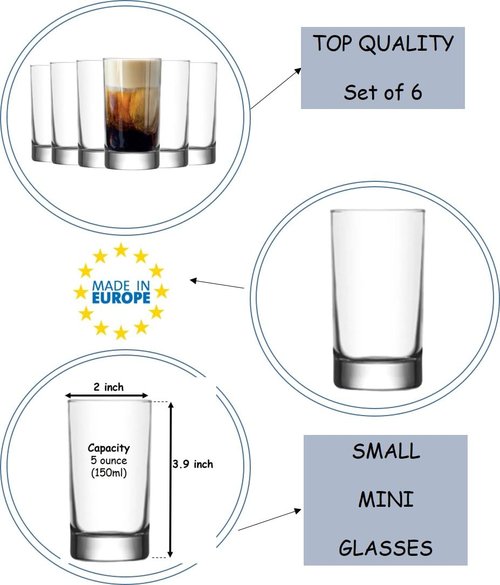 BOHEM'S Small Juice Glasses, Mini Clear Glass Cups Tumblers, 5.1 Oz, Drinking Glassware for Orange Juice, Water, Milk, Coffee, Perfect for Tasting and Small Portions, Set of 6,