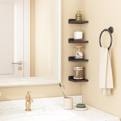 Fixwal Small Floating Shelves, 5x5 Inches Wall Shelf Set of 4, Rustic Wood Small Wall Mounted Shelves for Bedroom, Living Room, Kitchen, Bathroom Decor (Black)