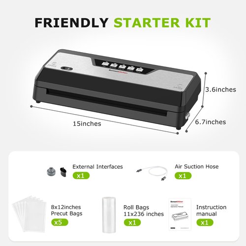 Bonsenkitchen Vacuum Sealer Machine, Built-in Cutter | Bag Storage, Multifunctional Food Sealer for Sous Vide & Meal Prep, 1 Roll Bag & 5 Pre-Cut Bags, Black-Stainless Steel