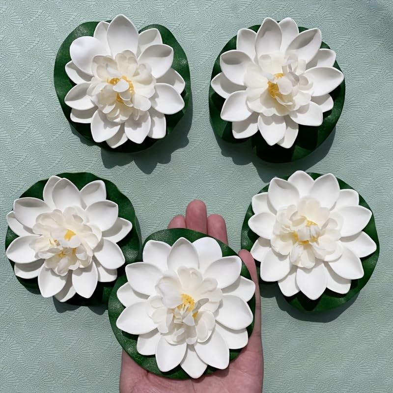 Artificial Floating Foam Lotus Flowers & Leaves for Pond & Aquarium Decor, White