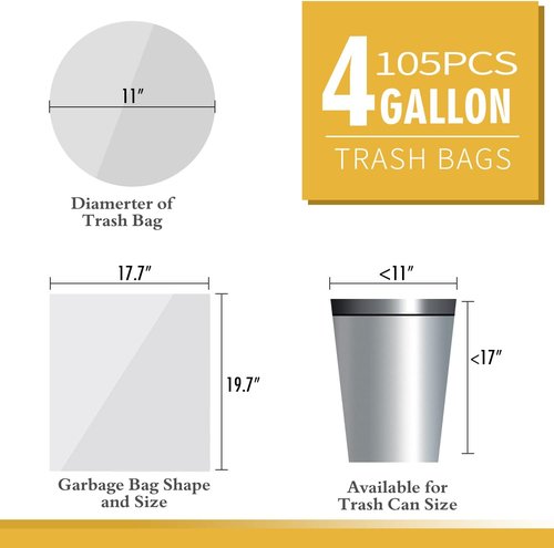 105 Count Small Trash Bags - 4 Gallon Unscented Garbage Can Liners for Bathroom & Kitchen