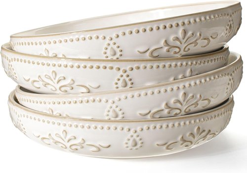 Artena Large Pasta Bowls Set of 4 - 50oz White Ceramic Salad & Soup Bowls | Microwave & Dishwasher Safe