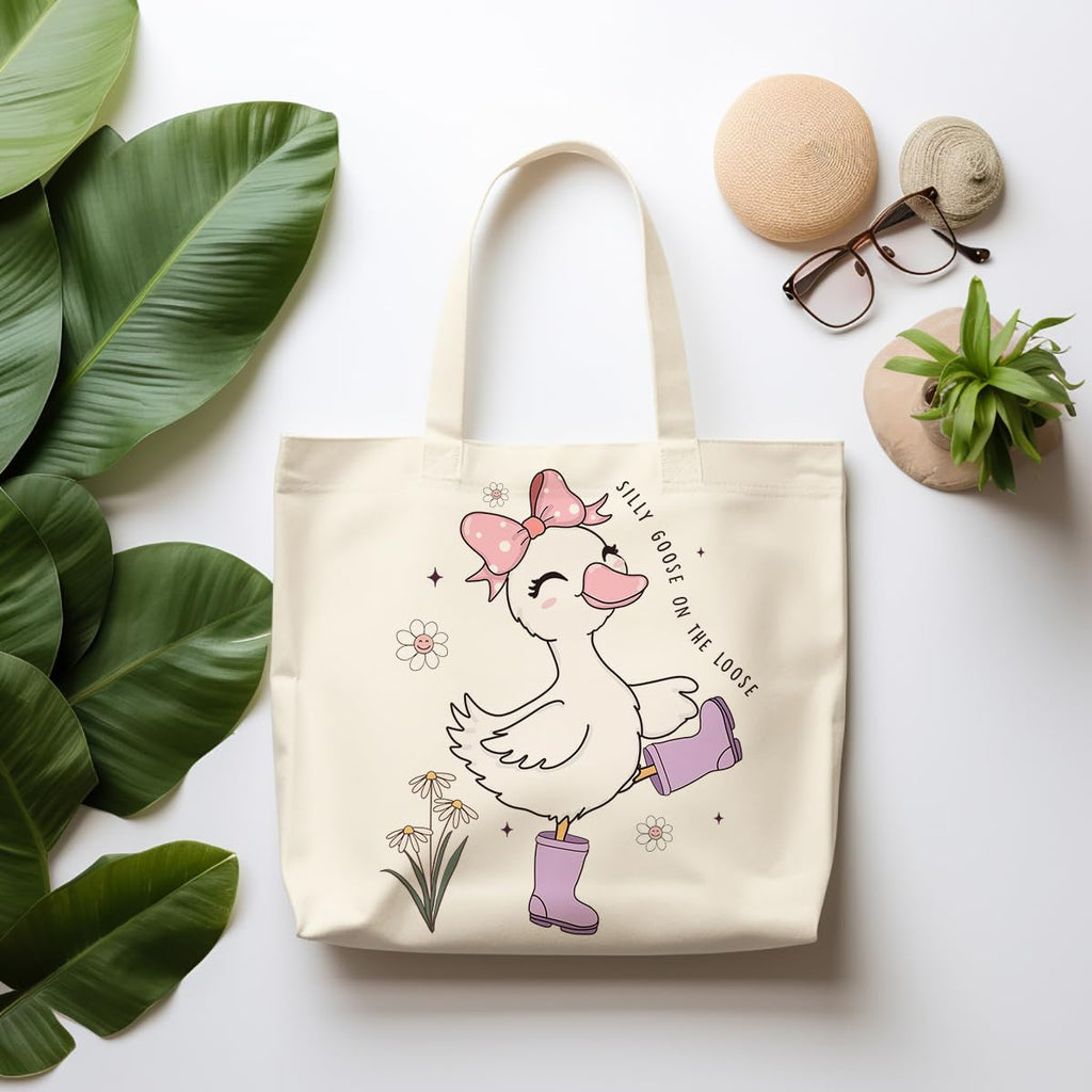 Silly Goose Canvas Tote Bag With Inner Pockets,Cute Reusable Bag for Lunch Grocery Shopping and Beach,Women Lady Canvas Cotton Tote,Birthday Gifts for Goose Lovers