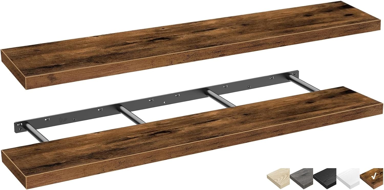 QEEIG Floating Shelves - Extra Long Rustic Brown Wall Shelf Set of 2 | 55.1 x 9.3 Inch for Home Decor