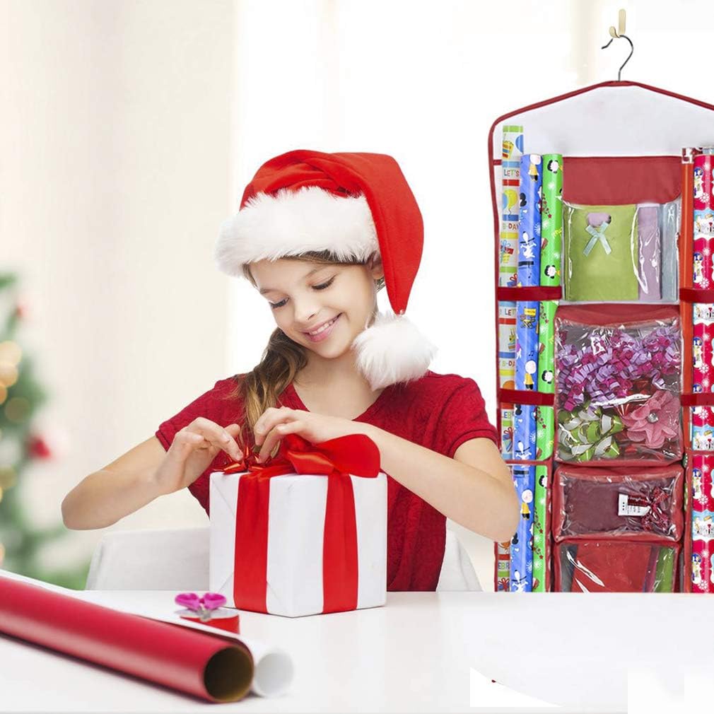 Primode Wrapping Paper Storage - Double-Sided Gift Wrap Organizer with Pockets for Accessories | 40”x17” Clear PVC Bag (Red)