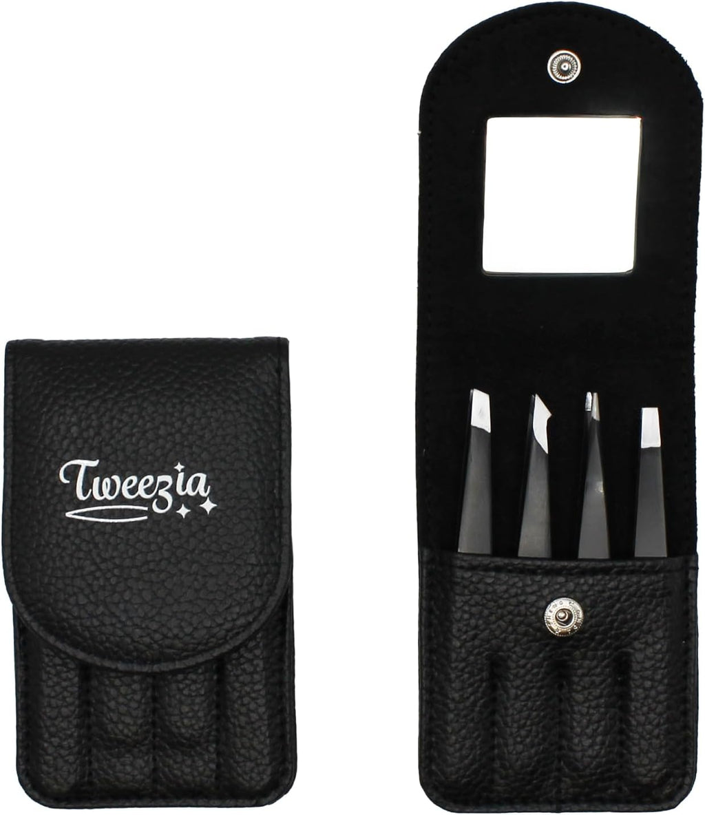 TWEEZIA Stainless Steel Tweezer Set - 4 Precision Tweezers with Mirror & Leather Case | Ideal for Eyebrows, Ingrown Hairs & Splinters