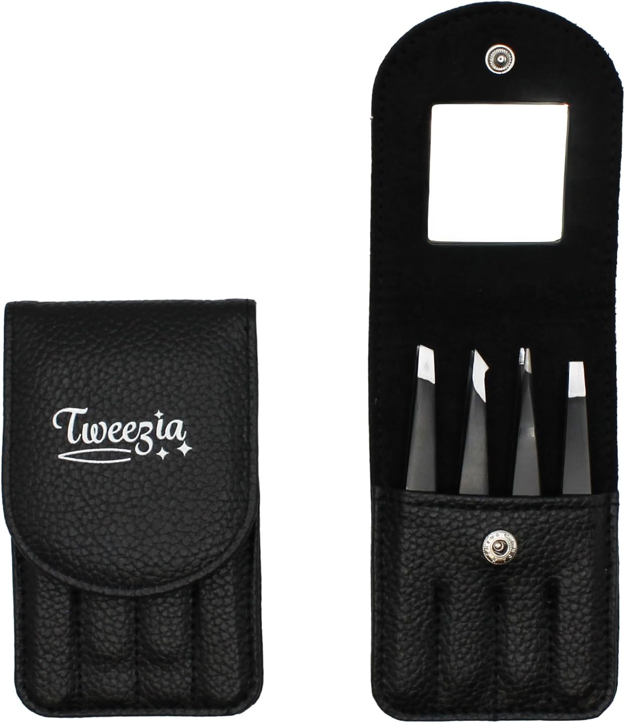 TWEEZIA Stainless Steel Tweezer Set - 4 Precision Tweezers with Mirror & Leather Case | Ideal for Eyebrows, Ingrown Hairs & Splinters