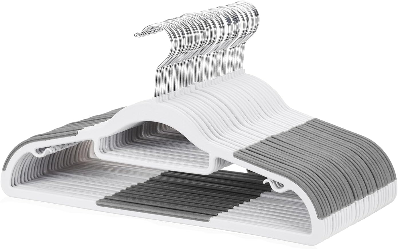 Skiennix 30-Pack Plastic Clothes Hangers - Space-Saving Non-Slip Design with 360° Swivel Hook | Slim & Sturdy Heavy-Duty Coat Hangers in White & Dark Gray