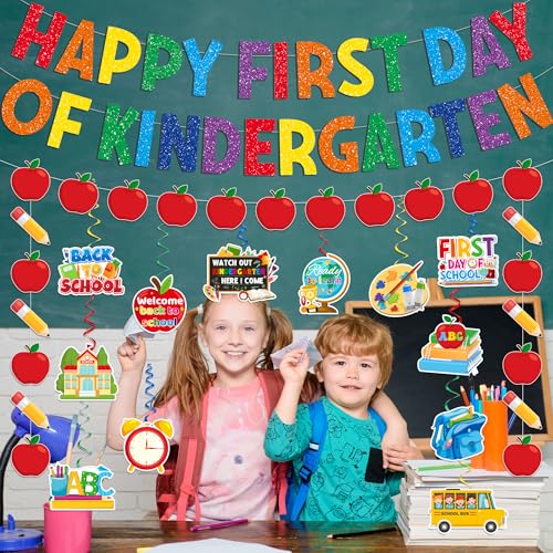 Happy First Day of Kindergarten Decorations Set - Banner & Swirls