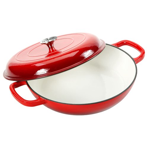 COOKWIN Cast Iron Casserole Braiser, 3.8 Quart Enameled Cast Iron Dutch Oven Pan with Lid, Heavy Duty and Dual Handles Skillet, Oven-Safe Porcelain Surface Casserole Dish, Red