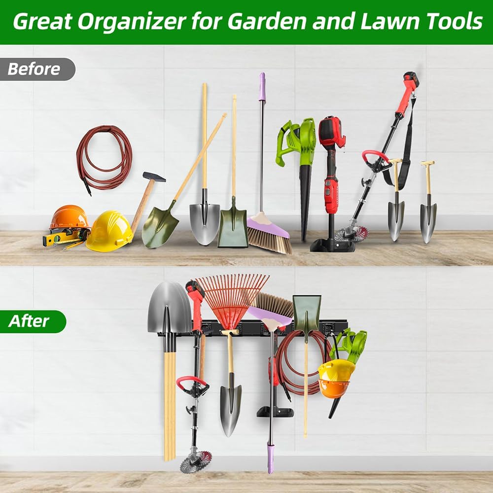 PIYILO Garage Wall Organizer - Heavy-Duty Tool Rack with 48-Inch Rails & 6 Hooks | Max Load 360 LBS