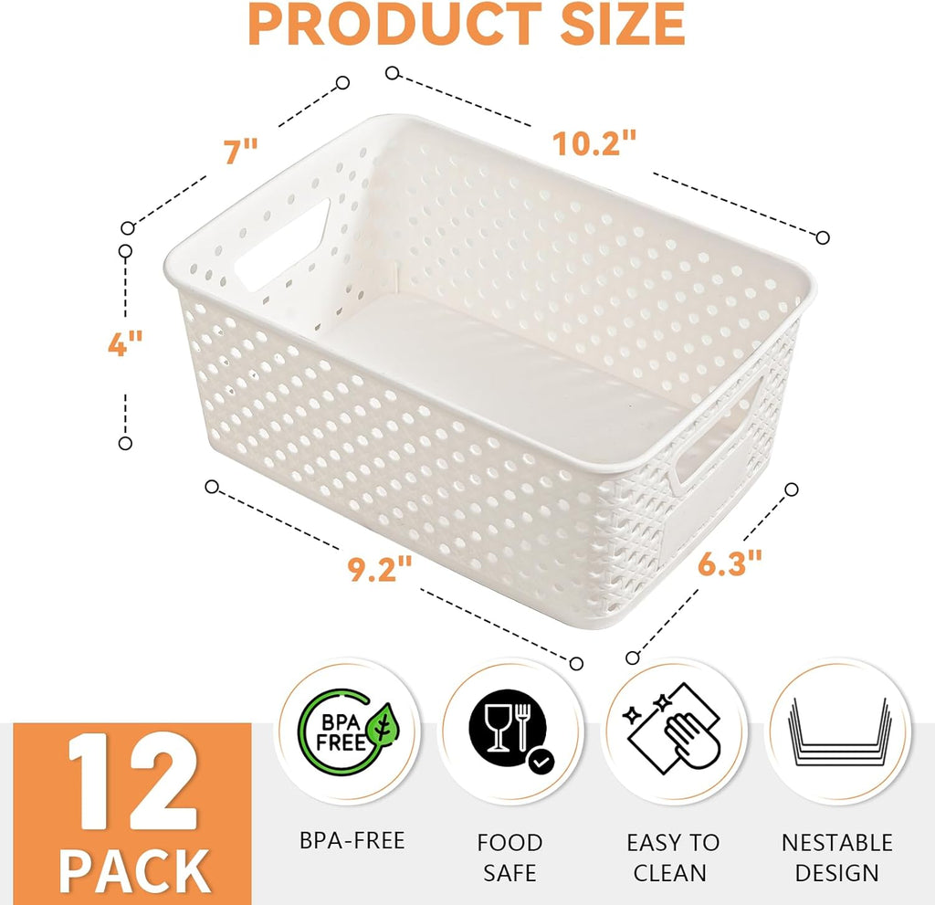 Plastic Storage Baskets - 12 Pack Organizing Bins with Handles & Labels for Home, Office, Closet