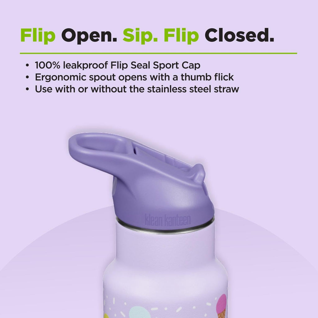 Klean Kanteen 12 oz Classic Kid's Insulated Water Bottle with Flip Seal Sport Cap - 100% Leakproof Cap - BPA-Free - Stainless Steel Material - Ice Cream