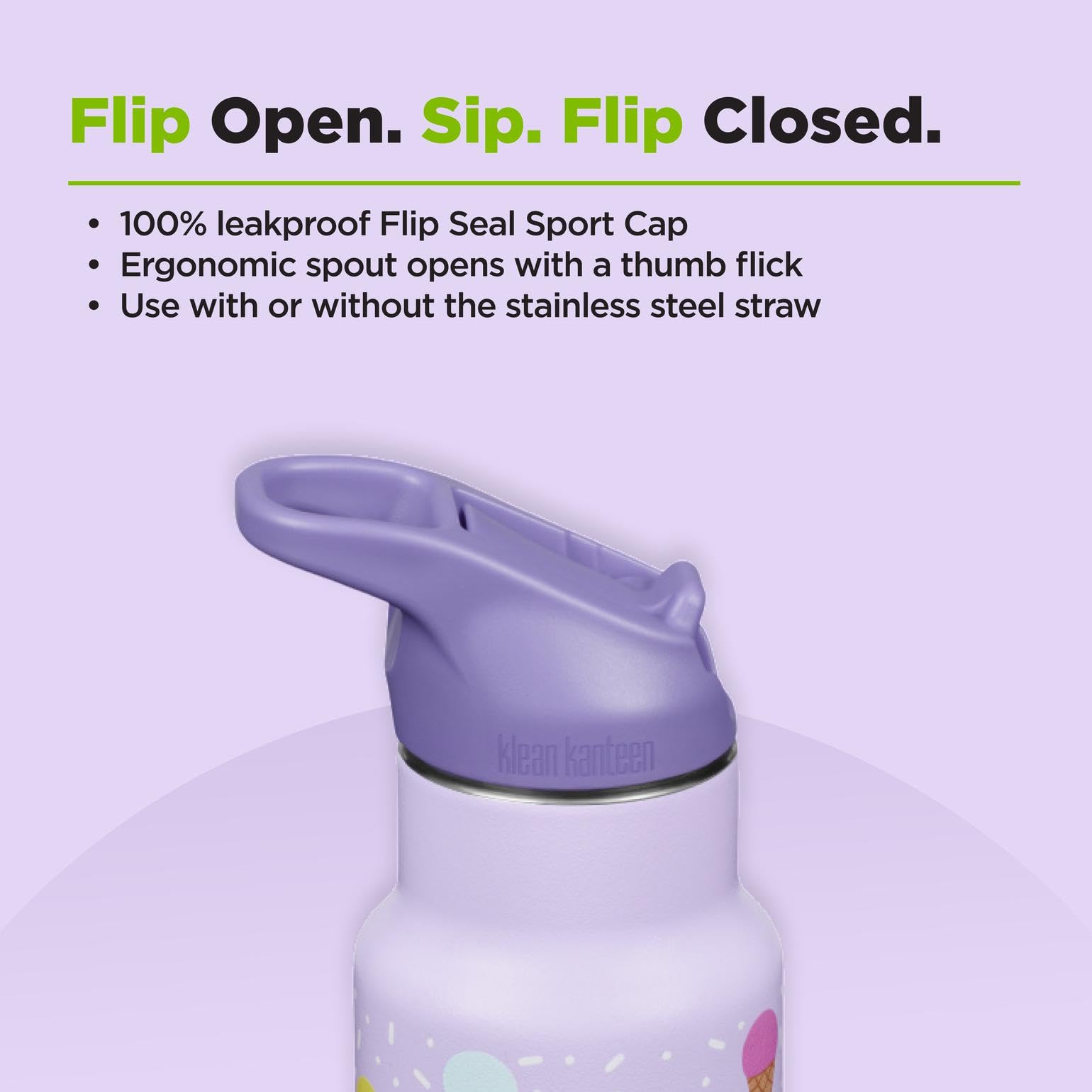 Klean Kanteen 12 oz Classic Kid's Insulated Water Bottle with Flip Seal Sport Cap - 100% Leakproof Cap - BPA-Free - Stainless Steel Material - Ice Cream