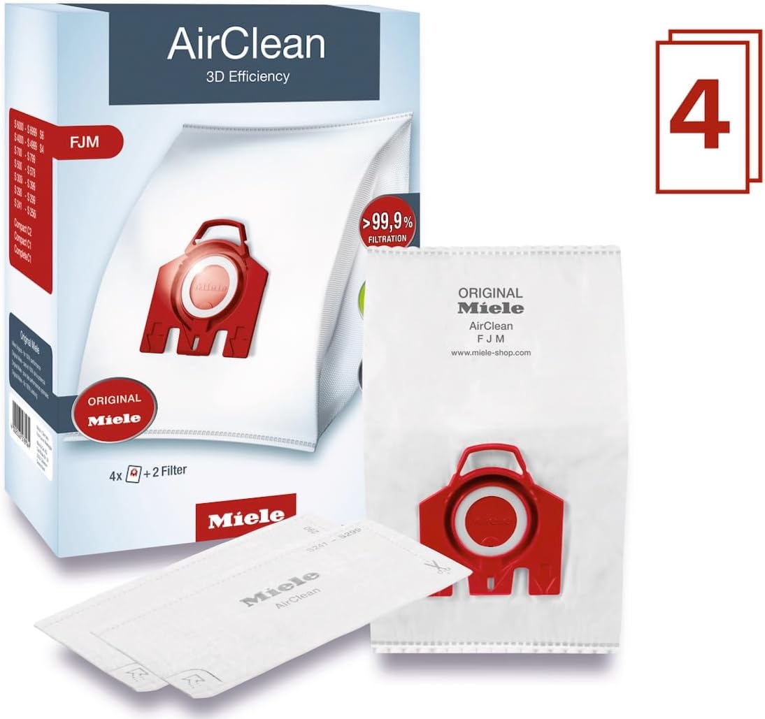 Miele Genuine AirClean 3D FJM Vacuum Cleaner Bags - 4 Bags & 1 AirClean Exhaust Filter