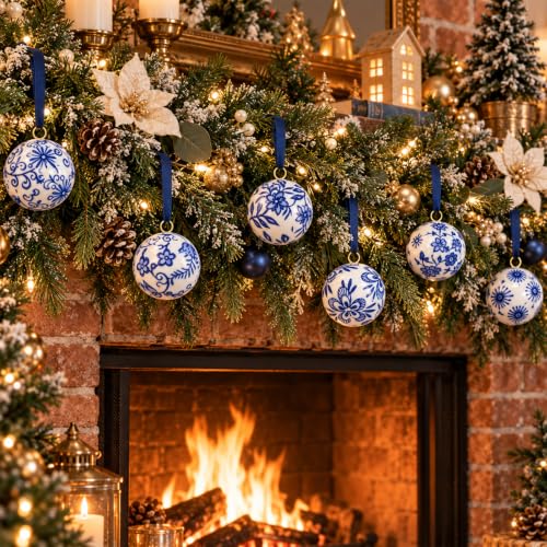 12 Pcs Blue & White Ceramic Chinoiserie Christmas Ornament Balls - 1.57 Inch