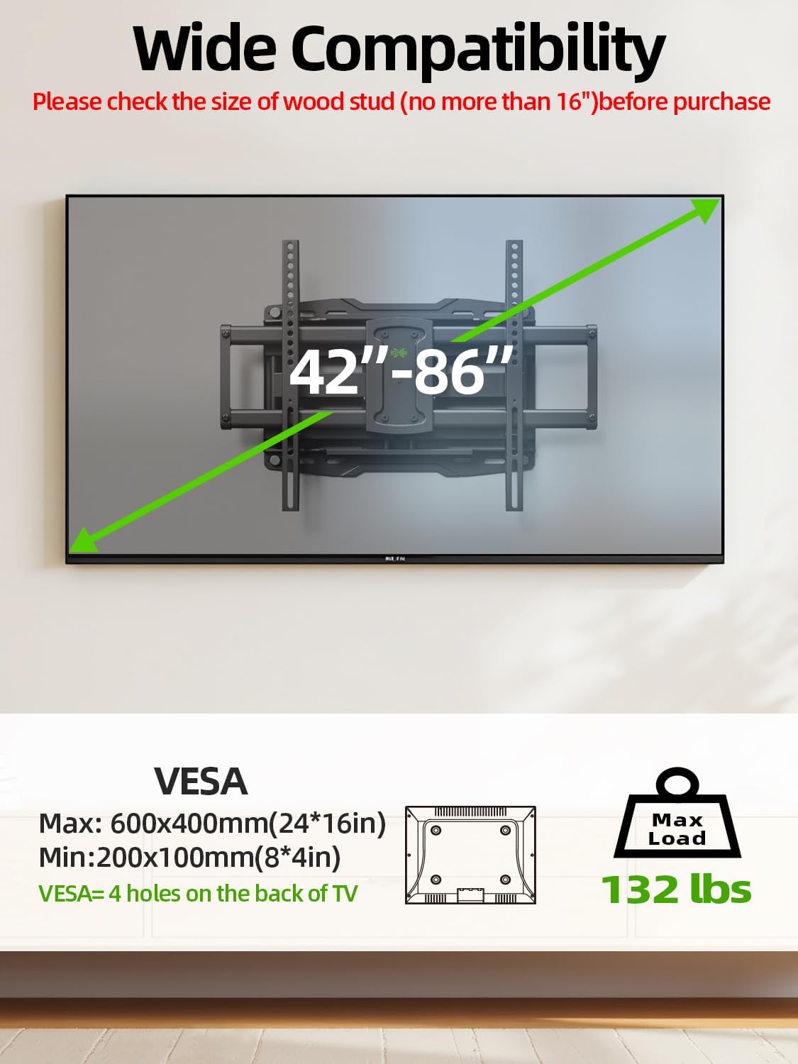USX Mount Full Motion TV Wall Mount - Swivel & Tilt for 42-86 Inch TVs | Dual Articulating Arms, VESA 600x400mm, Max 132lbs