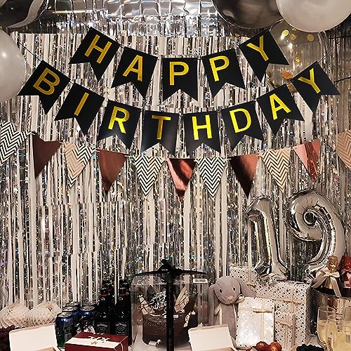 Happy Birthday Banner Set - Black & Gold Party Decor for All Ages