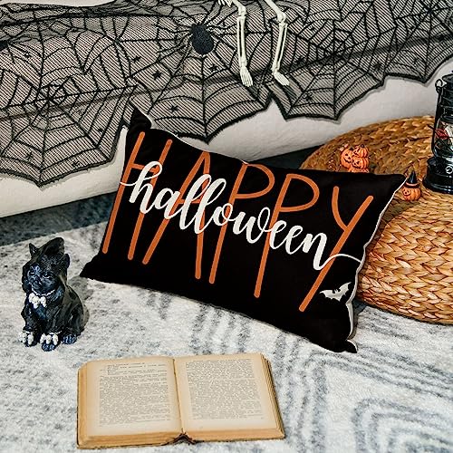 Happy Halloween Bat Throw Pillow Cover – 12x20 Inch Polyester Cushion Case