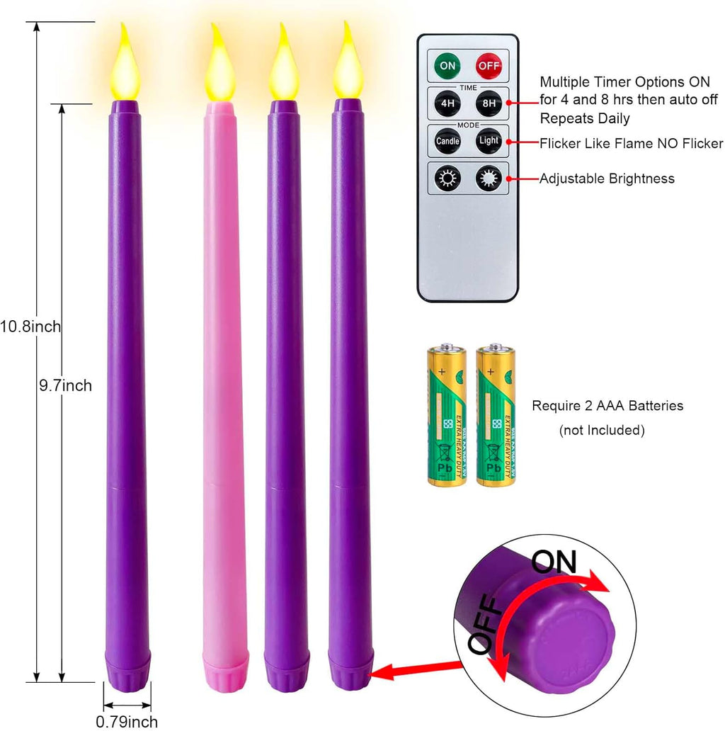 Regine Switzerland Flameless Taper Candles - Set of 4 Battery Operated, Flickering Purple & Pink for Home Decor