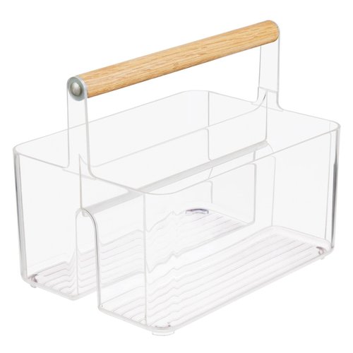 mDesign Plastic Portable Shower Caddy Divided Basket Bin Storage Organizer with Bamboo Handle for Bathroom, Dorm, Shelf & Cabinet Holds Shampoo, Conditioner - Aura Collection, Clear/Natural