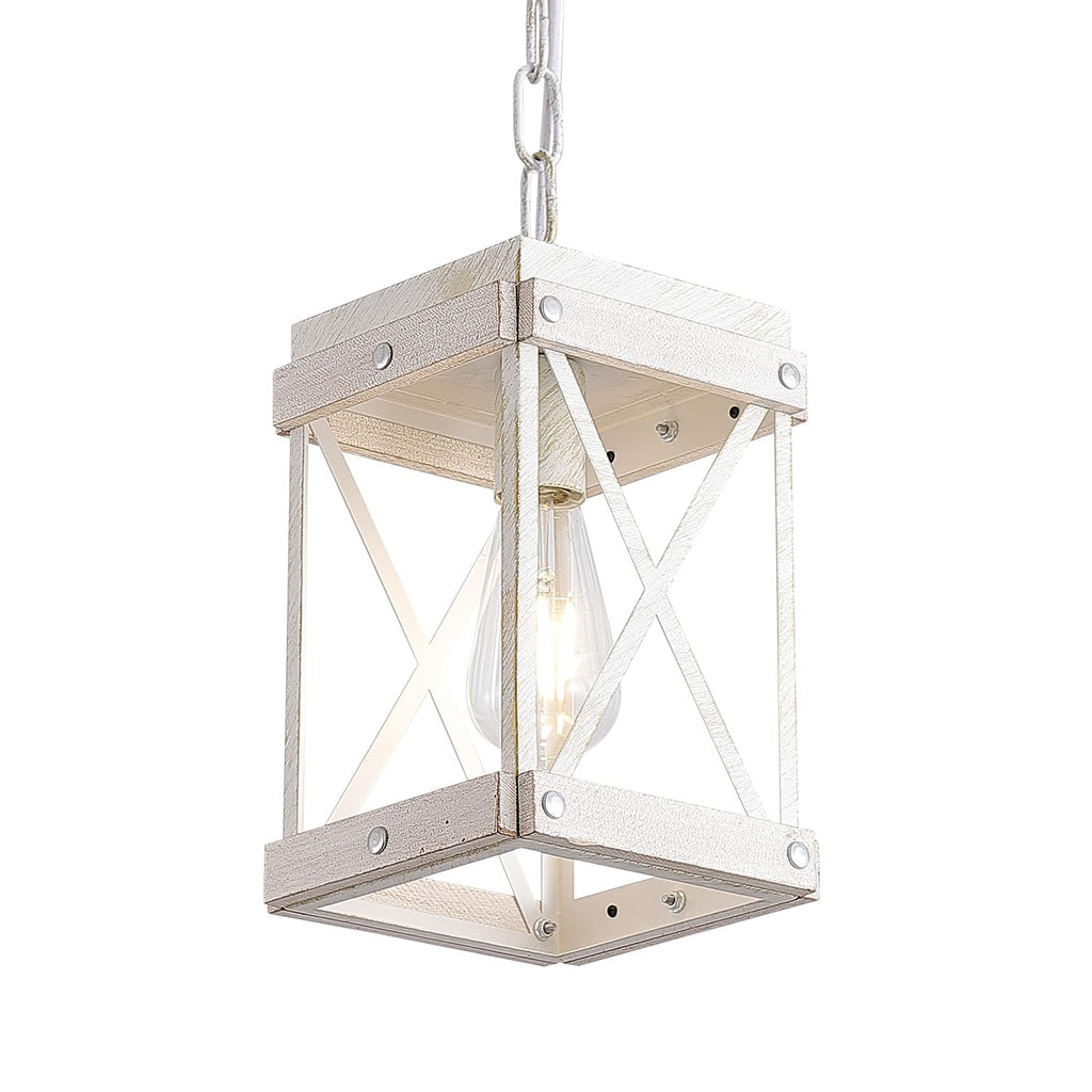 Fivess Lighting Modern Farmhouse Antique White Distressed Pendant Light with Wood and Metal Cage, One-Light Adjustable Chains Rustic Mini Pendant Lighting Fixture for Kitchen Island Cafe Bar