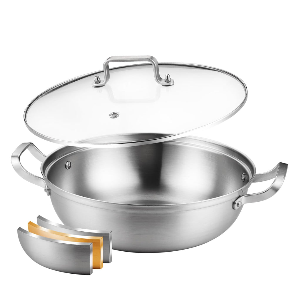 Delarlo Tri-Ply Stainless Steel 12 inch Everyday Pan with Glass Lid, Deep Saute Pan, Kitchen Everything Pan, High Side Chef's Pans, Induction Cooking Pot, Dishwasher Safe, 4QT Stock Pot Up To 600℉